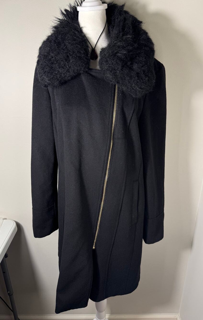 Karl Lagerfeld Paris Asymmetric Zip Faux Fur Collar Black Wool Coat M